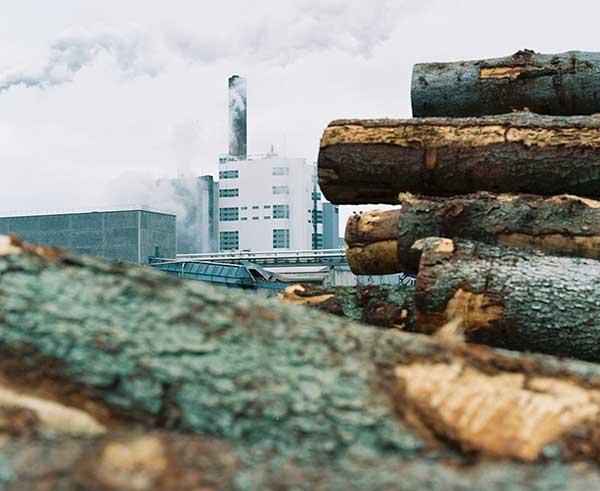 Industribyggnad med skorsten och rök i bakgrunden, sedd mellan staplade stockar i förgrunden.