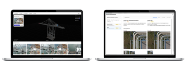Two open laptops display industrial inspection software interfaces. The left screen shows a 3D model of a crane with inspection images below. The right screen compares point of interest images, highlighting structural details
