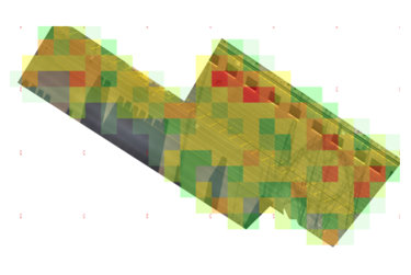 3D model of a structure with overlaid heatmap displaying color-coded data analysis