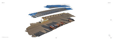 Aerial view of a large industrial site featuring rows of shipping containers, storage stacks covered with blue tarps, and an open storage area with parking spaces