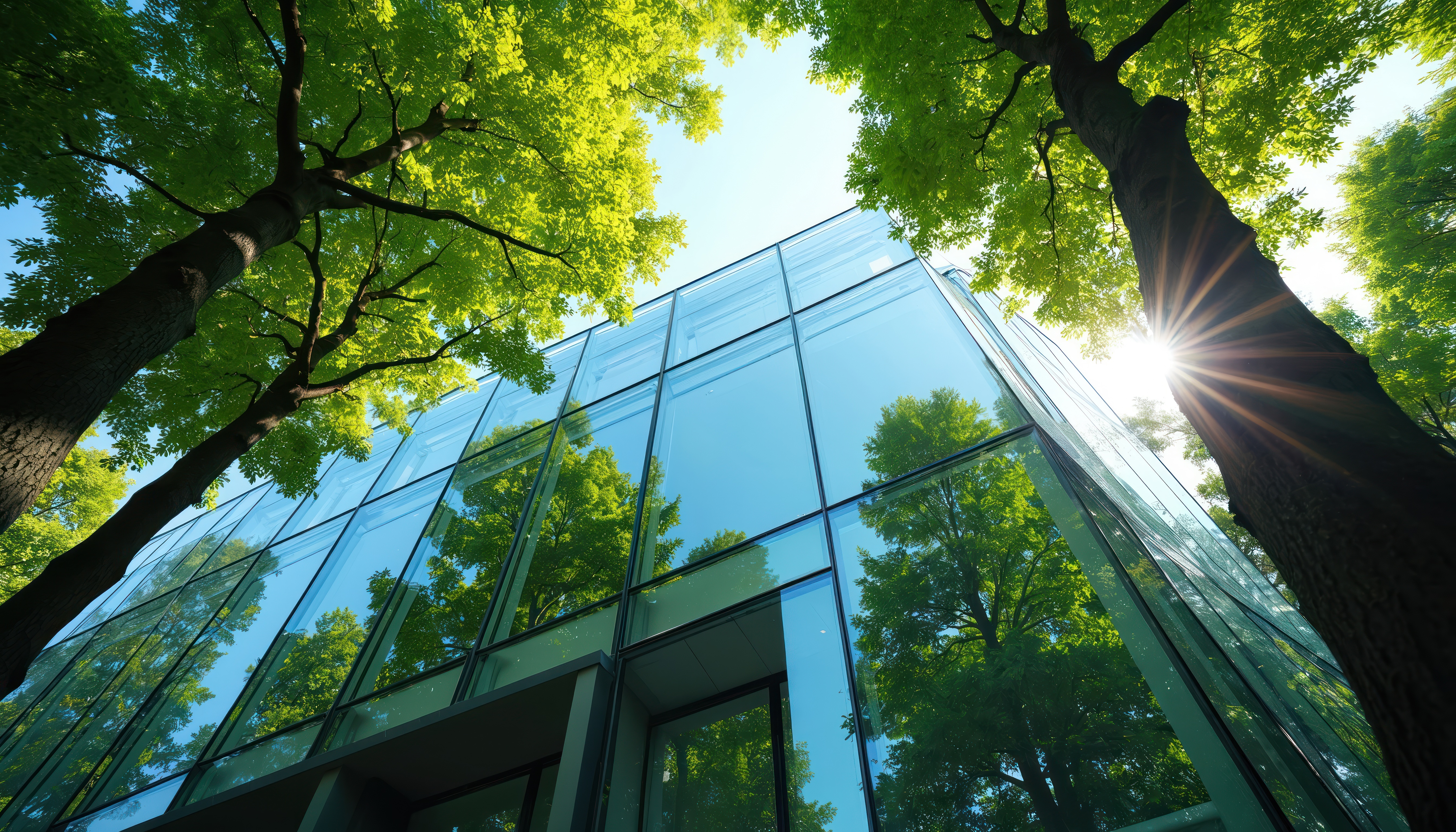 New glass building surrounded by green trees with shining sun